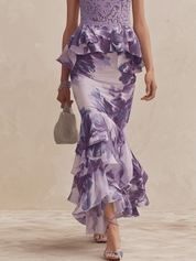 Romantic Elegant Lace-Bodice Floral Ruffle Mermaid Lavender Top And Skirt Set