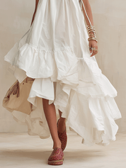 Romantic Coastal Cotton Layered-Ruffle Flowy White Maxi Dress