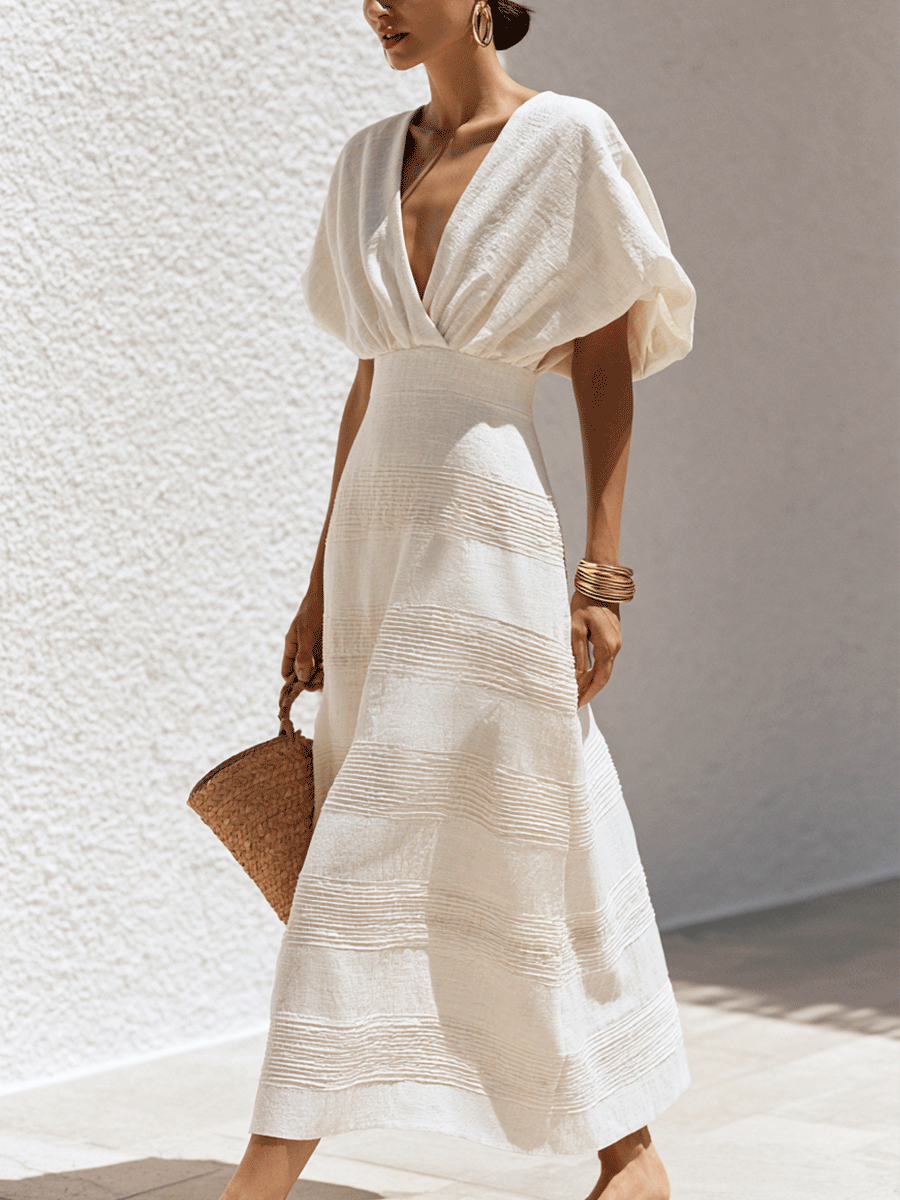 Effortless Chic Textured Cotton Deep-V Batwing White Maxi Dress