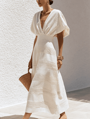 Effortless Chic Textured Cotton Deep-V Batwing White Maxi Dress