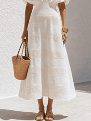 Effortless Chic Textured Cotton Deep-V Batwing White Maxi Dress