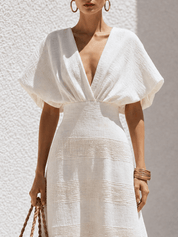 Effortless Chic Textured Cotton Deep-V Batwing White Maxi Dress