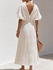 Effortless Chic Textured Cotton Deep-V Batwing White Maxi Dress