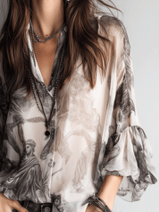 Effortless Vintage Flowy Baroque-Print Loose Ivory & Grey Chiffon Blouse