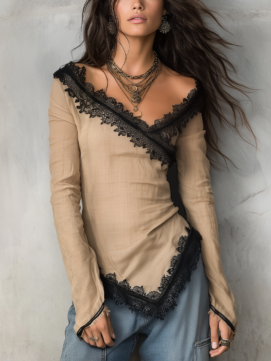 Refined Beige Lace Trim Wrap Blouse