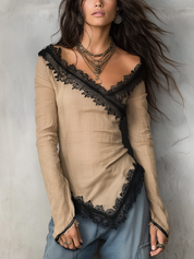 Refined Beige Lace Trim Wrap Blouse