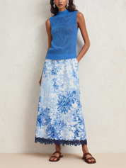 Elegant Blue Floral Print Knit Top & Midi Skirt Set