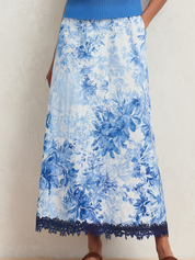 Elegant Blue Floral Print Knit Top & Midi Skirt Set