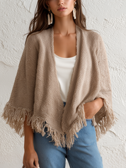 Cozy Beige Fringe Knit Wrap