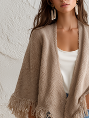 Cozy Beige Fringe Knit Wrap