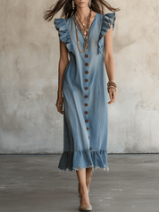 Vintage Western Cotton-Denim Flutter-Sleeve Ruffle-Trim Blue Midi Dress