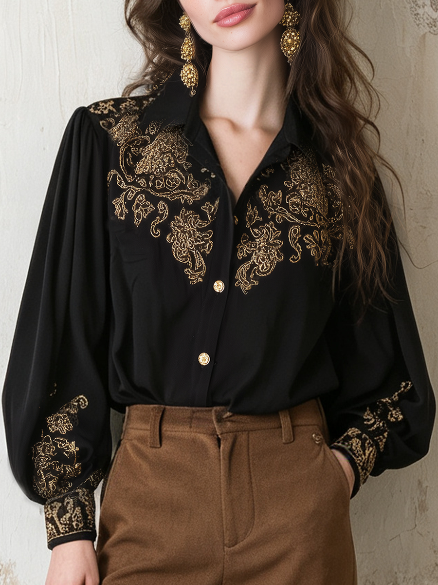 Black Baroque Embroidered Button Shirt