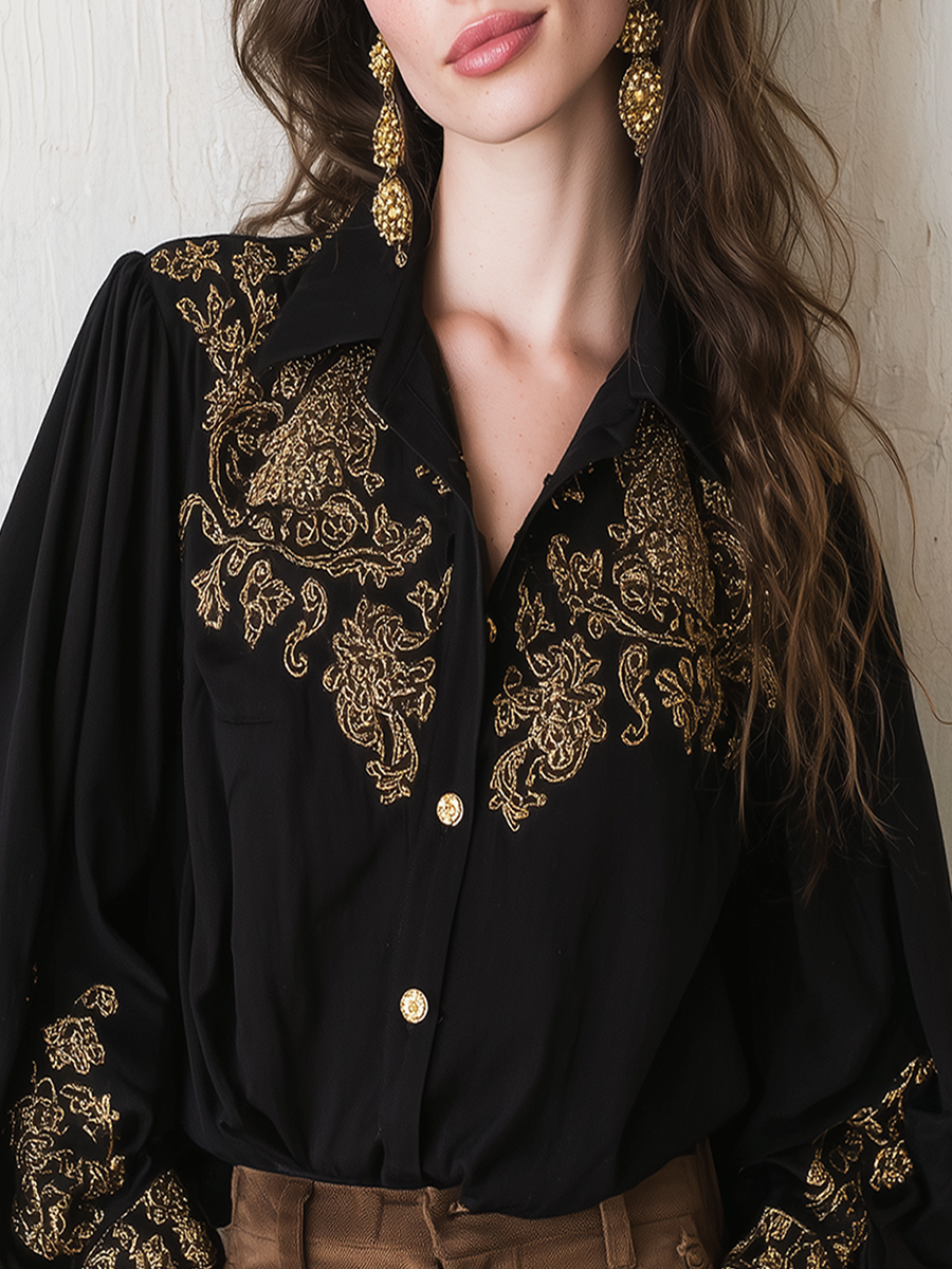 Black Baroque Embroidered Button Shirt
