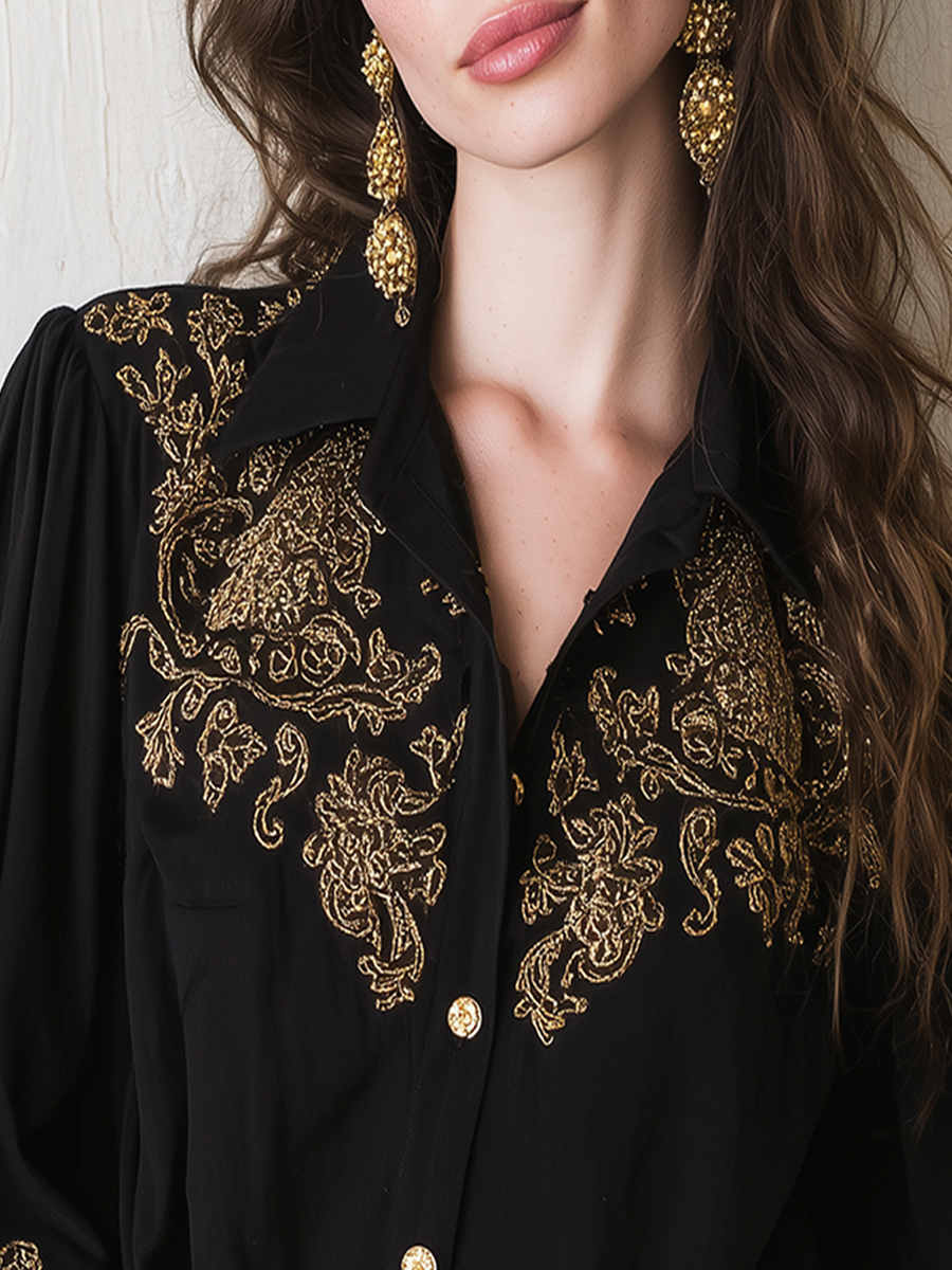 Black Baroque Embroidered Button Shirt
