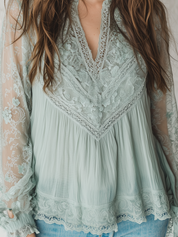 Bohemian Sage Lace V-Neck Blouse