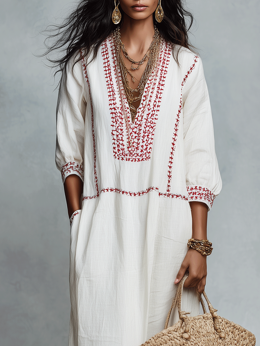 Ethnic Folk Cotton-Linen Embroidered V-Neck Ivory Kaftan Maxi Dress