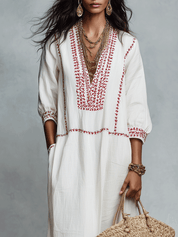 Ethnic Folk Cotton-Linen Embroidered V-Neck Ivory Kaftan Maxi Dress