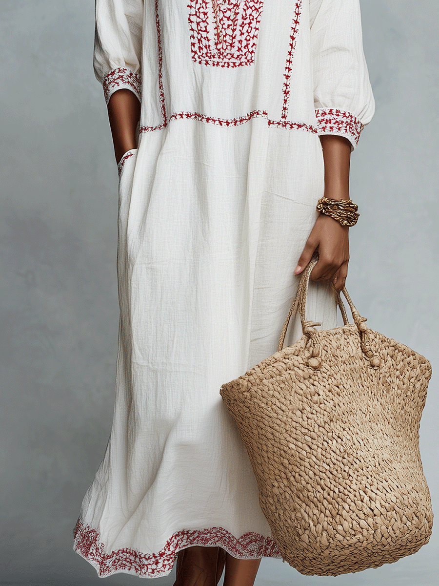 Ethnic Folk Cotton-Linen Embroidered V-Neck Ivory Kaftan Maxi Dress