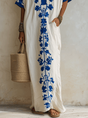Effortless Boho Cotton Contrast-Trim Loose Off-White Embroidered Kaftan Maxi Dress