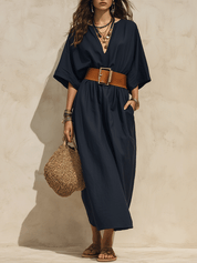Effortless Chic Cotton-Linen Belted Deep-V Batwing Navy Maxi Dress