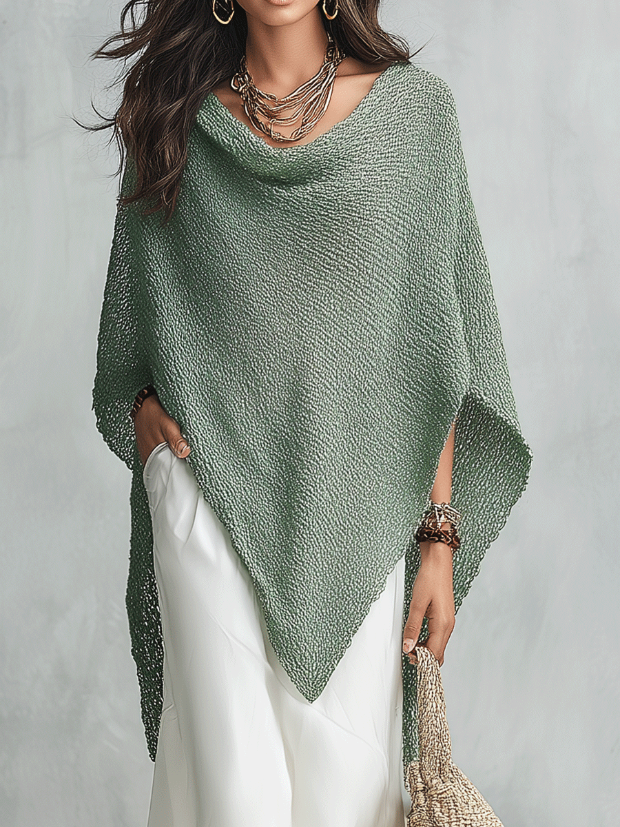 Coastal Boho Sage Knit Poncho & White Satin Midi Dress Set