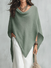 Coastal Boho Sage Knit Poncho & White Satin Midi Dress Set