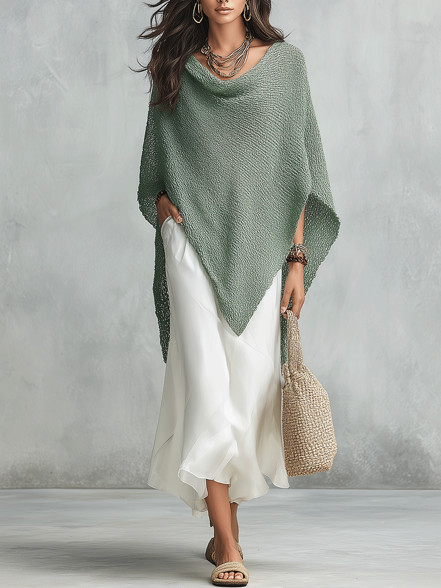 Coastal Boho Sage Knit Poncho & White Satin Midi Dress Set