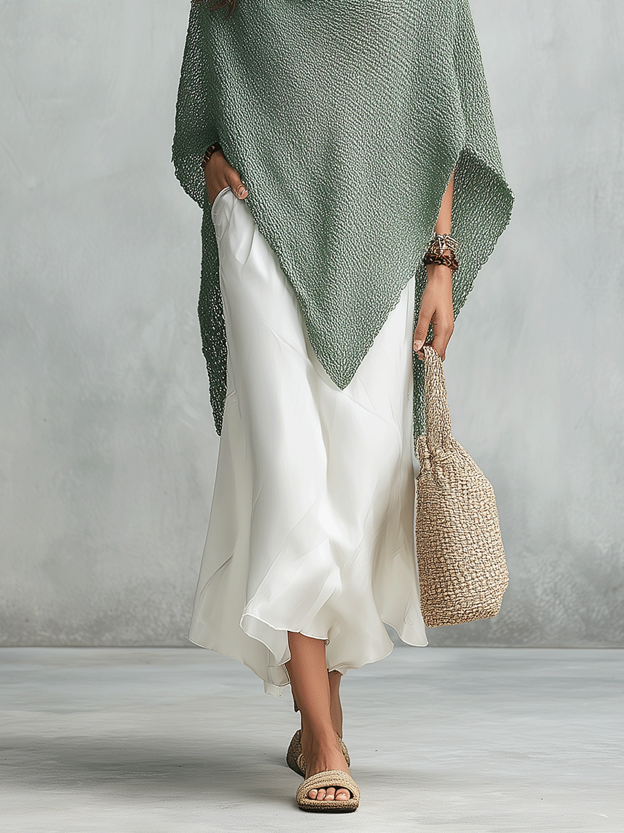 Coastal Boho Sage Knit Poncho & White Satin Midi Dress Set