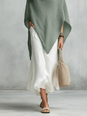 Coastal Boho Sage Knit Poncho & White Satin Midi Dress Set