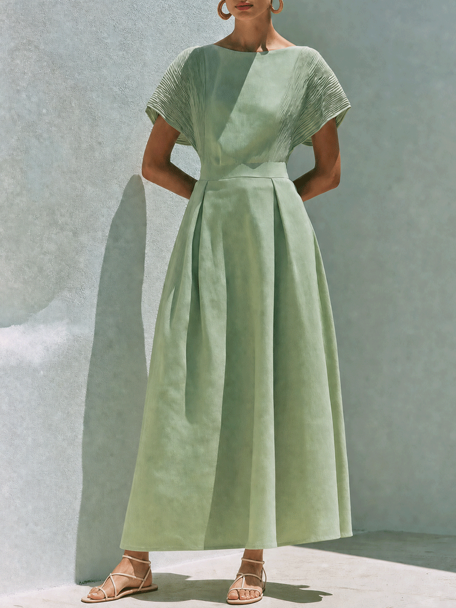 Effortless Chic Cotton-Linen Pleated Boat-Neck Sage Green Maxi Dress