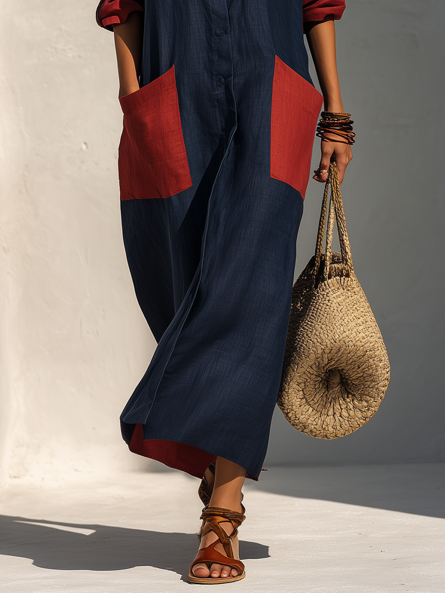 Effortless Chic Oversized Patch Pocket Midi Dress