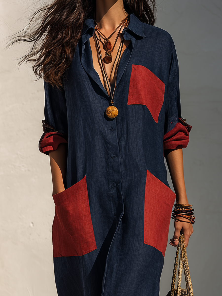 Effortless Chic Oversized Patch Pocket Midi Dress