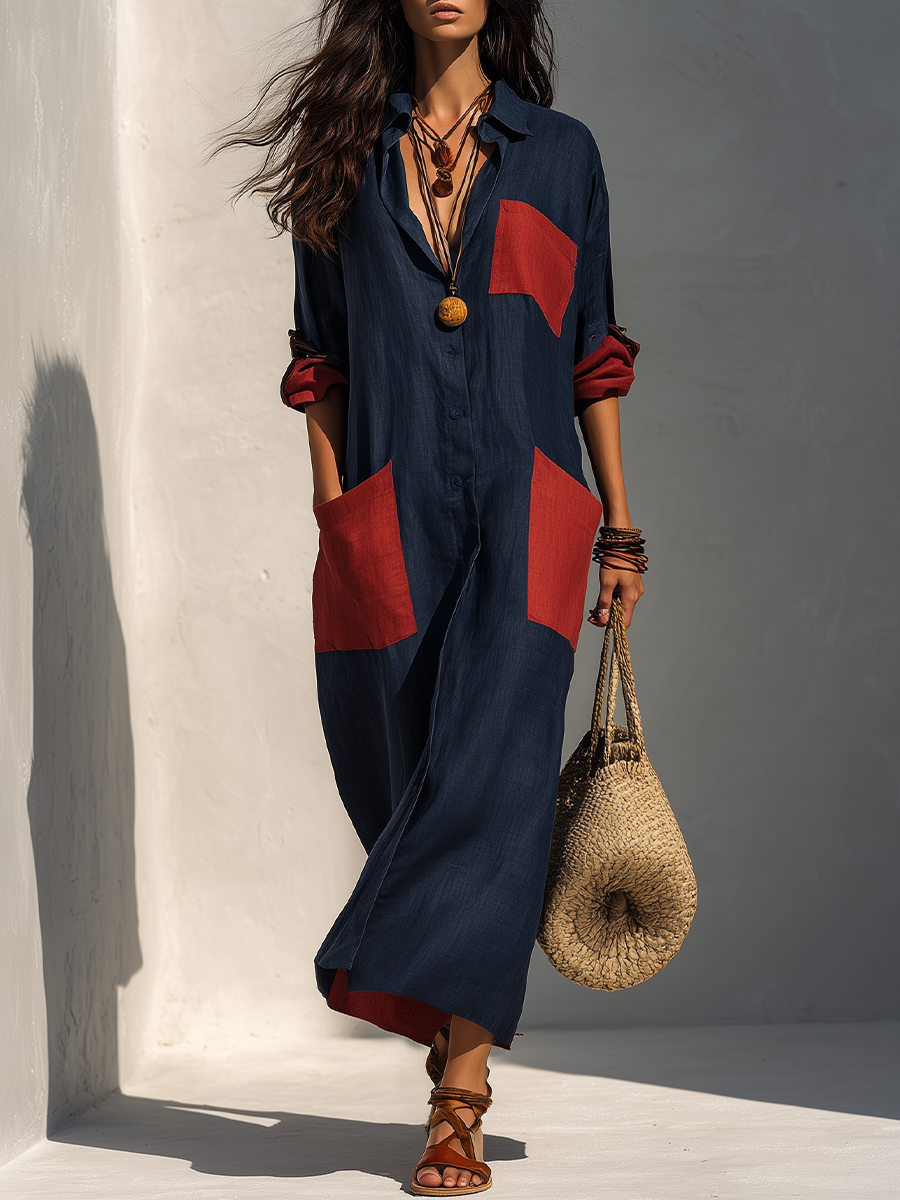 Effortless Chic Oversized Patch Pocket Midi Dress