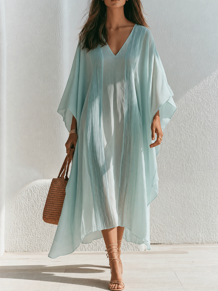 Effortless Resort Chiffon Pleated V-Neck Batwing Mint Blue Kaftan Maxi Dress