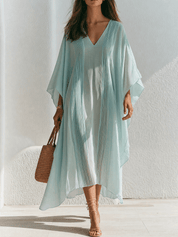 Effortless Resort Chiffon Pleated V-Neck Batwing Mint Blue Kaftan Maxi Dress