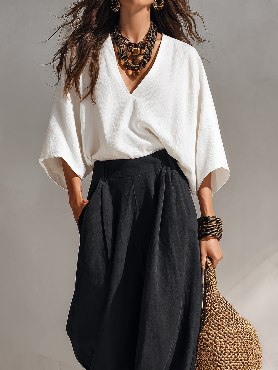 Minimal Bohemian Oversized Blouse & Draped Harem Pants Set