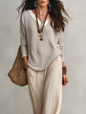 Relaxed Coastal Knit Sweater & Palazzo Pants Outfit Set