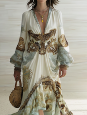 Boho Luxe Deep V Baroque Print Maxi Dress