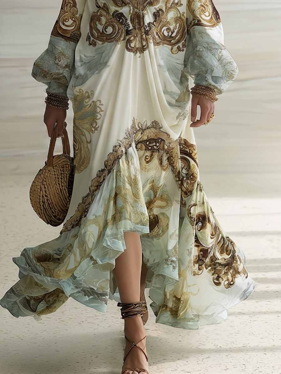 Boho Luxe Deep V Baroque Print Maxi Dress
