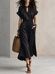 Work-to-Vacation Collared Short Sleeve Linen Midi Dress