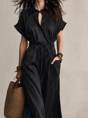 Work-to-Vacation Collared Short Sleeve Linen Midi Dress