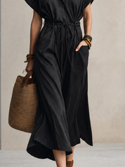 Work-to-Vacation Collared Short Sleeve Linen Midi Dress