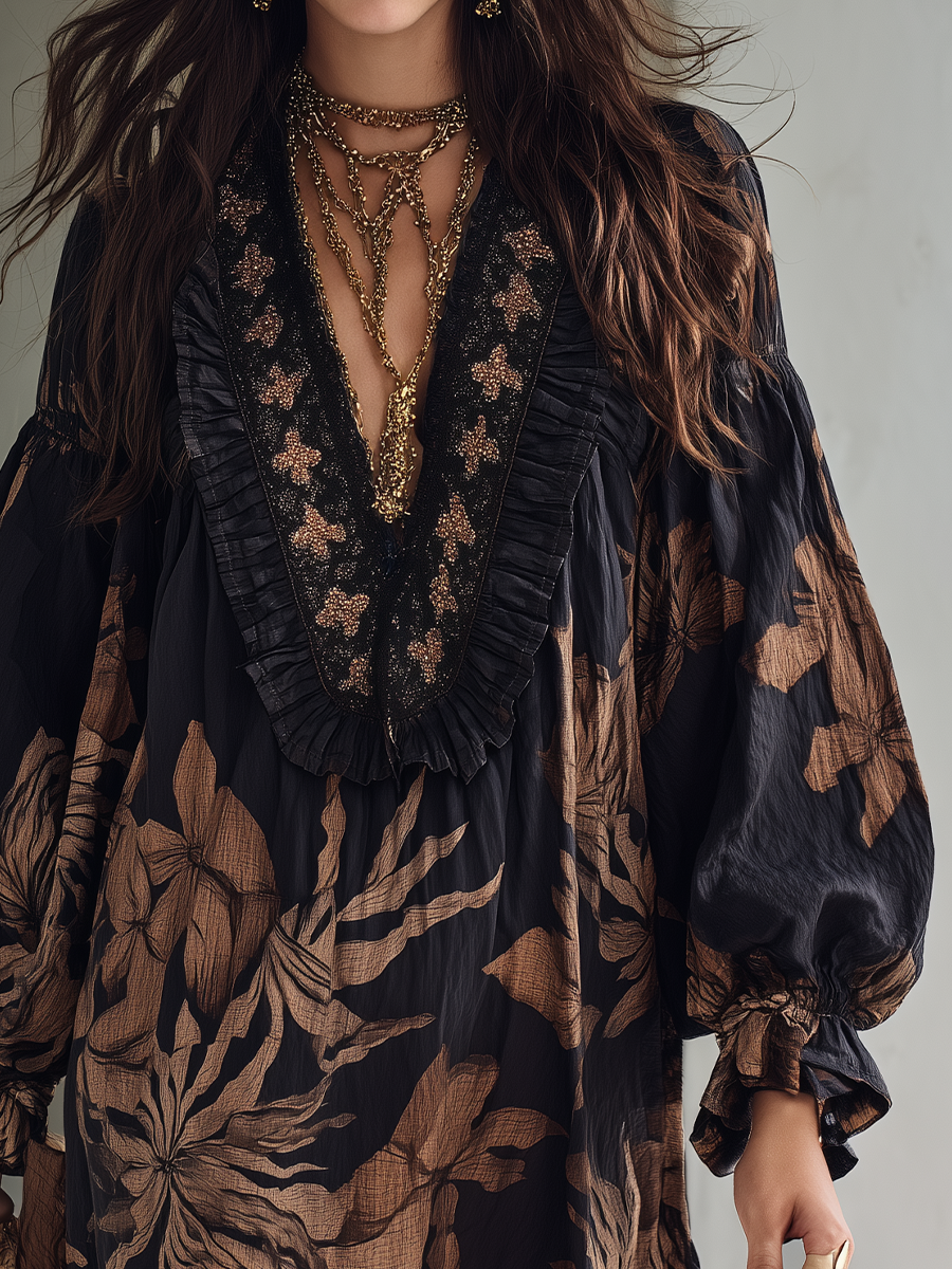 Effortless Chic Beaded V-Neck Floral Balloon Sleeve Mini Dress