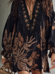 Effortless Chic Beaded V-Neck Floral Balloon Sleeve Mini Dress