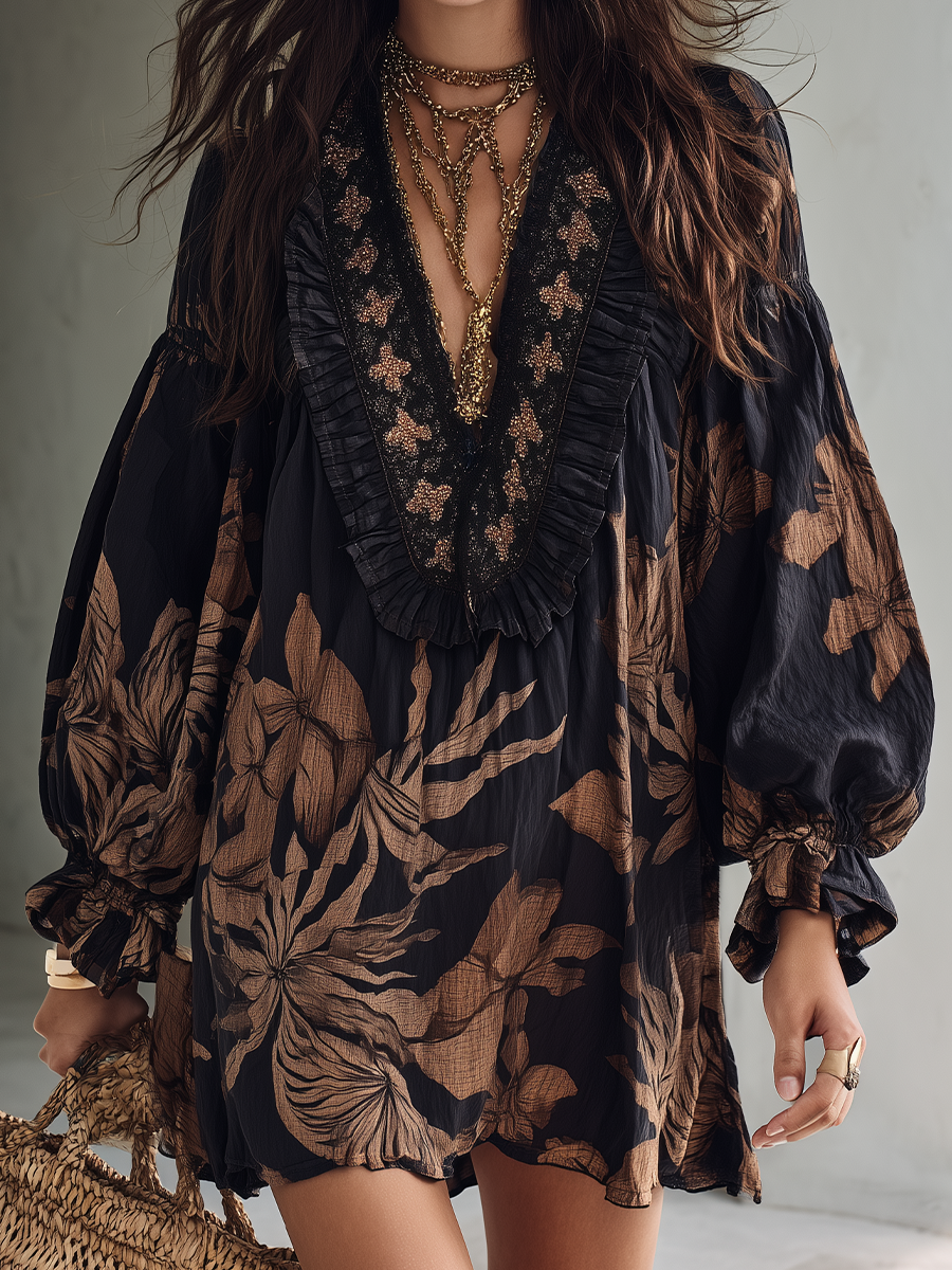Effortless Chic Beaded V-Neck Floral Balloon Sleeve Mini Dress