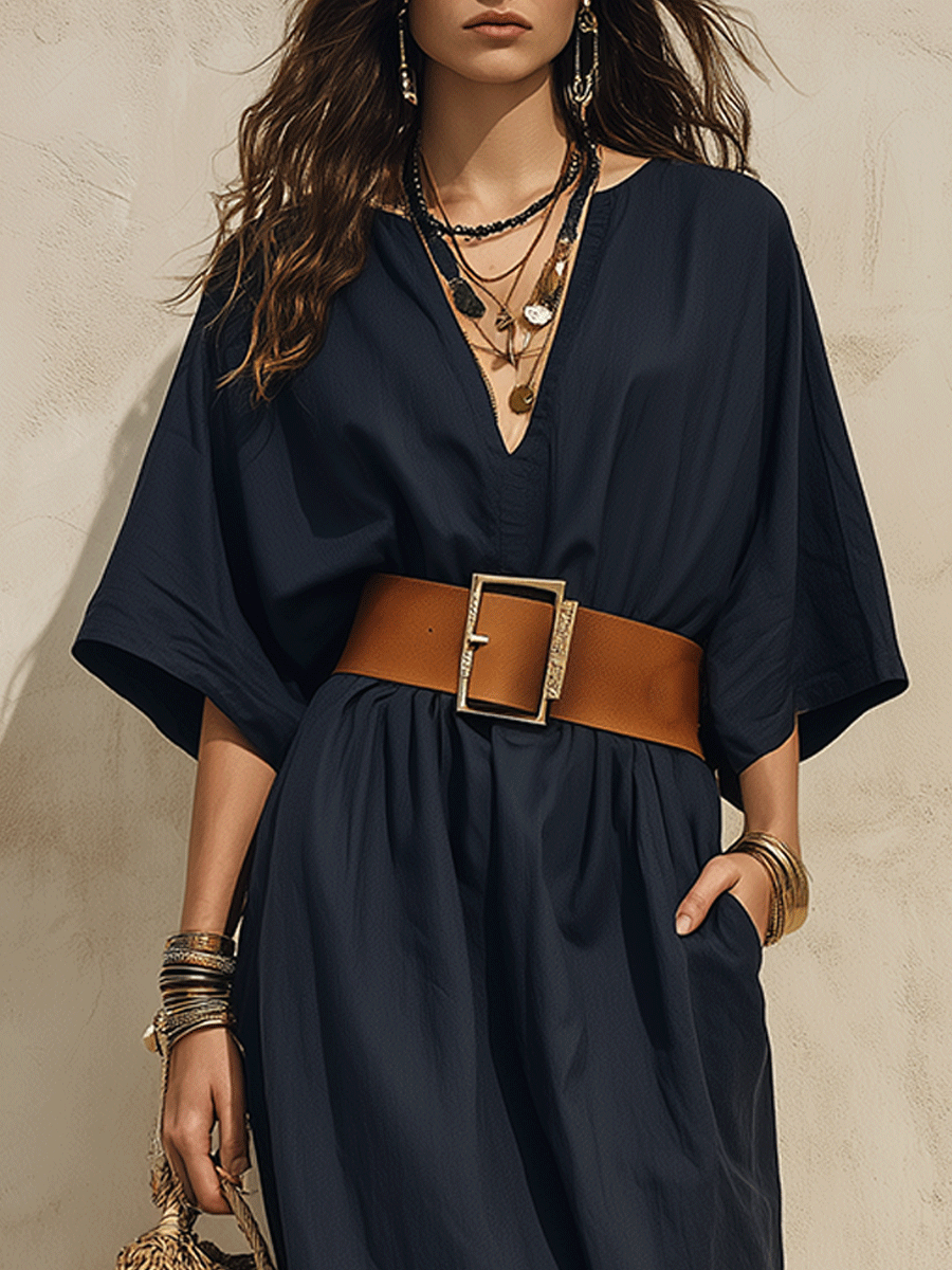 Effortless Chic Cotton-Linen Belted Deep-V Batwing Navy Maxi Dress
