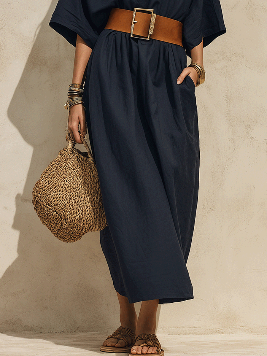 Effortless Chic Cotton-Linen Belted Deep-V Batwing Navy Maxi Dress