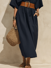Effortless Chic Cotton-Linen Belted Deep-V Batwing Navy Maxi Dress