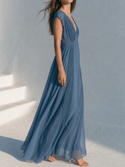 Elegant Resort Chiffon Pleated Deep-V Flowy Dusty Blue Maxi Dress
