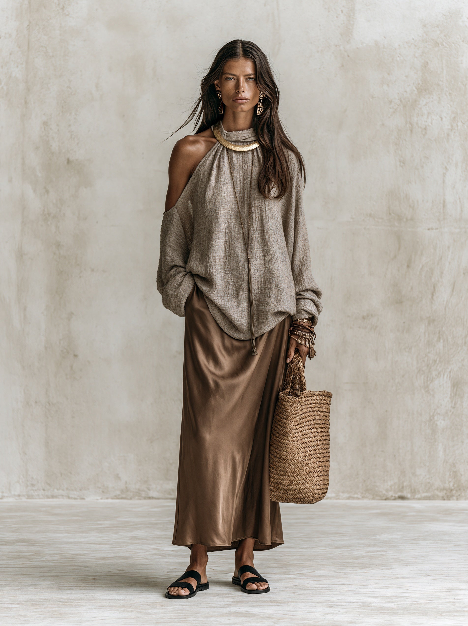 Effortless Chic Taupe Knit Sweater & Brown Satin Maxi Skirt Set